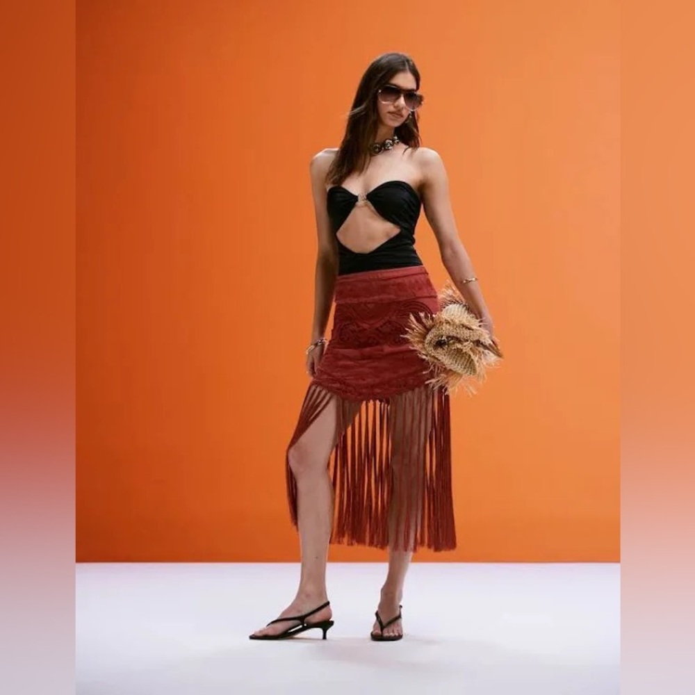 ASOS DESIGN embroidered skirt with fringe detail in burgundy